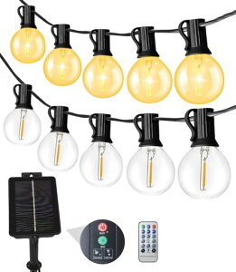 LEDストリングライト14.5Mソーラーストリングライト電球色IP65防水防雫レベルソーラーガーデンライト自動点灯消灯自動充電省エネ25個G40型PET材質LED電球割れにくいE12口金8っモード調光リモ…