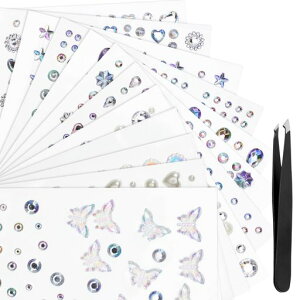12枚セットラインストーンシール3Dキラキラ顔シールフェイスステッカーカラフルアイメイクネイルパーツ舞台化粧接着剤不要貼り付け可能携帯装飾DIYピンセット付き