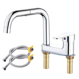 Jeonestan洗面水栓2穴洗面台蛇口ツーホール混合水栓シングルレバー混合栓吐水パイプ2方向720°回転真鍮製防錆ホース付き水漏れ防止一般地寒冷地対応