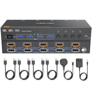 HDMI Displayport USB3.0 KVM�ؑ֊� 8K@60Hz 4K@144Hz �f���A�����j�^ 4��USB�|�[�gKVM�ؑ֊� 1�g�̃L�[�{�[�h�A�}�E�X�ŁAPC4��A���j�^�[2�䋤�L �茳�X�C�b�`&USB�P�[�u���t