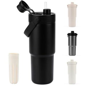 CLICSUNタンブラー735MLストロー付き水筒セラミックタンブラー蓋付き大容量直飲み真空断熱保温保冷シームレスボトル水筒食洗機対応取っ手付き持ち運び車載/オフィス/アウトドア/キャンプ…