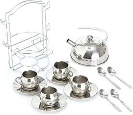 【中古】Timy Toy Tea Set 14pcs Stainless Steel Teapot Pretend Play Toy for Kids with Carrying Caddy, Saucers, Spoons