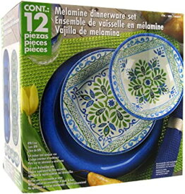 【中古】Melamine 12 Piece Dinnerware Set (Blue & Green) - Suitable Indoors and Outdoors