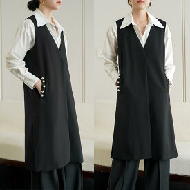 【楽天1位】ジレ カジュアルコート ロングジレ ロングベスト レディース トレンチベスト ロング丈 スーツベスト ノーカラー アウター 2XL 3XL 4XL 大きいサイズ ブラック ホワイト ロング丈 春 夏 秋 冬 カジュアル