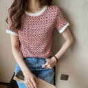 ニット サマーニット レディーストップス 大人 ツイード バイカラー 半袖 トップス Uネック ブラウス シャツ おしゃれ レディース 夏 きれいめ 大人 可愛い