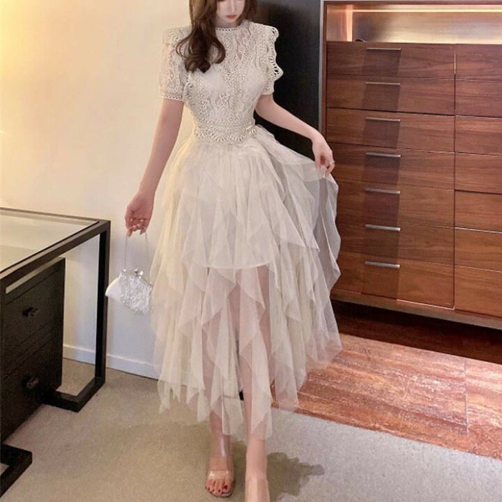 楽天市場 パーティードレス 結婚式 二次会 ロング丈 マキシ丈 シースルー レース フレア ボリューム ワンピース 海外 おしゃれ ブルー ホワイト Aライン 半袖 デザイン ワンピース 秋 きれいめ ハイウェスト ハイネック カジュアル 二次会 女子会 上品 大人可愛い 代
