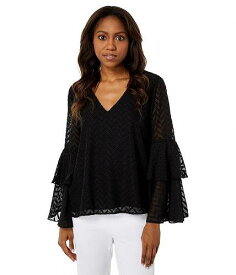 送料無料 ヴィンスカムート Vince Camuto レディース 女性用 ファッション ブラウス Tiered Bell Sleeve Chevron Burnout V-Neck Blouse - Rich Black