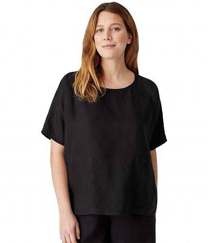 送料無料 アイリーンフィッシャー Eileen Fisher レディース 女性用 ファッション Tシャツ Round Neck Boxy Top in Organic Handkerchief Linen - Black