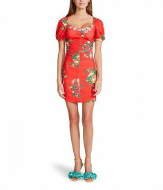 送料無料 ベッツィージョンソン Betsey Johnson レディース 女性用 ファッション ドレス Cabbage Rose Printed Cotton Spandex Ruched Front Mini - True Red