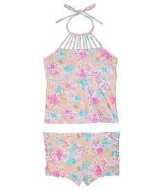 送料無料 Hobie Kids 女の子用 スポーツ・アウトドア用品 キッズ 子供用水着 Island Hopping High Neck Tankini and Shirred Boyshorts (Big Kids) - Neon Orange Washed