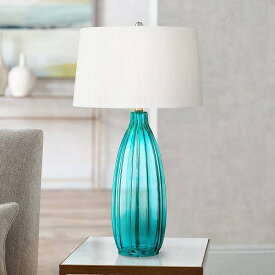 360 Lighting Modern Table Lamp Clear Blue Fluted Glass White Drum Shade for Living Room Family Bedroom Bedside Nightstand テーブルライト　照明器具　アメリカ【送料無料】【代引不可】【あす楽不可】