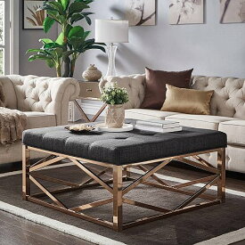 Weston Home Libby Dimpled Tufted Cushion Ottoman コーヒー Table with Champagne Geometric Gold Base Dark Gray Linen 家具　オットマン 【送料無料】【代引不可】【あす楽不可】