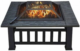 DecorX 32in Outdoor Metal Firepit Square Table Backyard Patio Garden Stove Wood Burning Fire Pit with Spark Screen Log Poker and Cover 焚火台・ファイヤーピット 【送料無料】【代引不可】【あす楽不可】