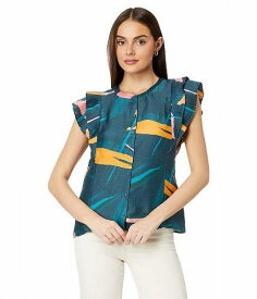 送料無料 バインヤード・バインズ Vineyard Vines レディース 女性用 ファッション ボタンシャツ Flutter Sleeve Pintuck Top - Tropical Abstract - Mallard Blue