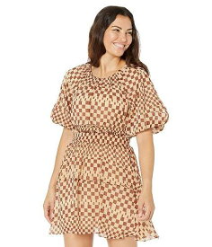 送料無料 MOON RIVER レディース 女性用 ファッション ドレス Grid Print Bubble Sleeve Back Cutout Mini Dress - Tan