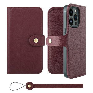 HANATORA iPhone14Pro ケース 手帳型 本革 スマホケース スマホ スタンド ストラップ 付き シュリンクカーフレザー ギフト ベルトあり マグネットなし ワイン H0XB-14Pro-Wine ギフト 誕生日ギフト 女性