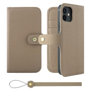 HANATORA iPhone12 ケース 手帳型 本革 スマホケース スマホ スタンド ストラップ 付き シュリンクカーフレザー ギフト ベルトあり マグネットなし グレージュ H0XB-12-Grege ギフト 誕生日ギフト 女