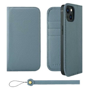 HANATORA iPhone14 ケース 手帳型 本革 スマホケース スマホ スタンド ストラップ 付き シュリンクカーフレザー ギフト ベルトなし マグネットなし ブルーグレー H0XA-14-BlueGray ギフト 誕生日ギフト