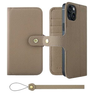 HANATORA iPhone15Plus ケース 手帳型 本革 スマホケース スマホ スタンド ストラップ 付き シュリンクカーフレザー ギフト ベルトあり マグネットなし グレージュ H0XB-15Plus-Grege ギフト 誕生日ギフ