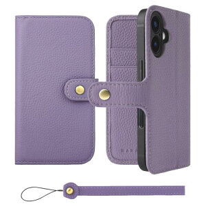 HANATORA iPhone16 ケース 手帳型 本革 スマホケース スマホ スタンド ストラップ 付き シュリンクカーフレザー ギフト ベルトあり マグネットなし パープル H0XB-16-Purple ギフト 誕生日ギフト 女性