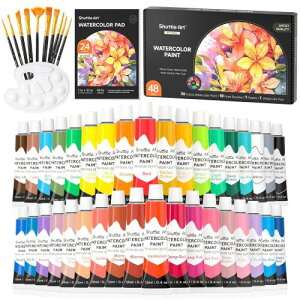 Shuttle Art 水彩絵の具 36色透明水彩 48点セット 筆10本 パレット 水彩紙付 12ml チューブ 大人の塗り絵 水彩画 お絵描き 美術 画材セット 学校用 幼稚園 初心者 専門家 プレゼント
