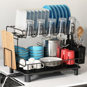 MAJALiS 水切りラック 食器 水切り 食器置き 水切りカゴ 乾燥ラック 皿立て ミズキリラック ショッキ 洗いかご キッチン 自動排水 組立簡単 2段式 ブラック 長さ42*幅31*高さ32CM