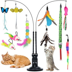 猫おもちゃ 猫じゃらしOziral 吸盤じゃらし 猫用玩具 自動 釣り竿 回弾可能 運動不足解消 ストレス解消 ネズミ/毛虫/ヘビ/魚/蝶/羽根 交換用玩具10本 鈴付き 猫遊び用品 屋内 ペット用品（13点セット）