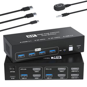 8K@60HZ HDMI KVM�X�C�b�` 2����2�o�� HDMI KVM �ؑ֊� �p�\�R��2�䃂�j�^�[2��؂�ւ� 4��USB 3.0�|�[�g �L�[�{�[�h/�}�E�X/�v�����^�[/���̃f�o�C�X�Ή� �p�\�R���ؑ֋@ PC �ؑ֋@ USB �ؑ֊� HDMI