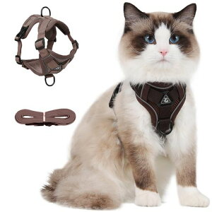 Paipeper猫ハーネス胴輪リード抜けないダブルロック猫用品オシャレ小型犬兼用反射素材かわいいメッシュ軽量通院災害避難お散歩10色展開(茶色M)