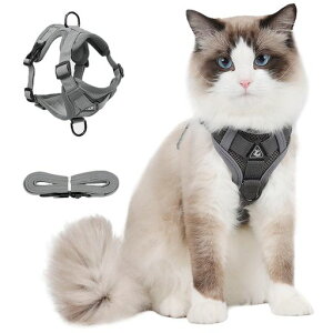 Paipeper猫ハーネス胴輪リード抜けないダブルロック猫用品オシャレ小型犬兼用反射素材かわいいメッシュ軽量通院災害避難お散歩10色展開(ダークグレーXL)