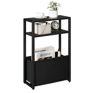 IBUYKEスリムサイドテーブル布袋付き収納棚付き幅43x奥行18x高さ65cm3段ベッド横マガジンラック小型ラック雑誌収納小さなスペース用ビンテージ電話デスクリビングルーム寝室ブラックJPTMZ009B