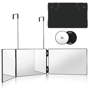 三面鏡セルフカット360°角度自在調整化粧鏡高さ調節可能鏡壁掛け折りたたみ可能mirror5倍拡大鏡付き3ウェイミラー後頭部が見える壁掛けミラーHD鏡面かがみ大きい安定して使い飛散防止(…