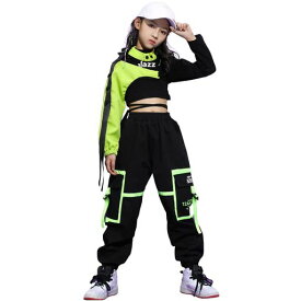 [LOLANTA]子供服女の子セットアップ長袖ヒップホップダンス衣装キッズ3点セット上下セットへそ出しトップスカーゴパンツスポーツブラック160