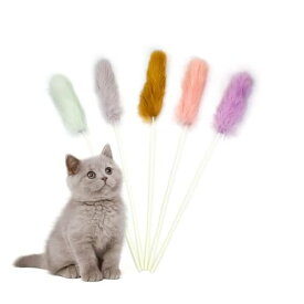 うさぎ毛使用猫じゃらし5本セット–天然素材の猫用おもちゃ羽根風・ふわふわ猫おもちゃ猫の狩猟本能を刺激室内猫に最適カラフルでインテリアにも