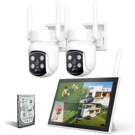 YESKAMOO 防犯カメラ ワイヤレス 屋外 500万画素 パンチルト 360°回転 130°広角 10’’モニター付き AI検知 カラー暗視 投光威嚇 無線屋外防犯カメラ 2台セット IP66防水防塵 監視カメラ 動体検…