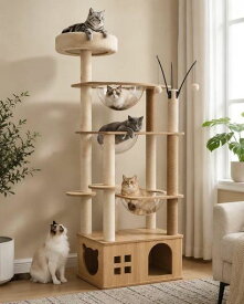 Mdpetpops「2025年の新スタイル」キャットタワー 木製 シニア猫 太った猫 短足猫 子猫向け 3個透明ボウル ハンモック宇宙船付き 多頭飼い 人気 据え置き, 爪とぎ,人気,おもちゃ,猫タワー,ねこ…