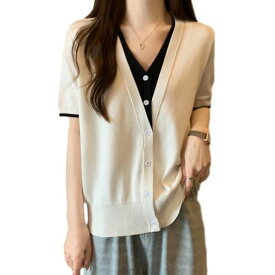 [POGCZMKK]半袖サマーニットレディーストップスリブニットVネック重ね着風カットソー柔らか薄手着痩せ着回し伸縮性良いシンプルおしゃれきれいめ可愛いファッションセーター通勤デート…