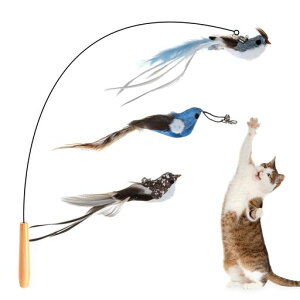 GHOSTCAT猫じゃらし猫のおもちゃねこじゃらしリアルな鳥猫おもちゃ天然の羽根羽根のおもちゃ4点セット切替簡単鈴付き一人遊び頑丈で壊れにくい木製のハンドル交換でき運動不足・ストレ…