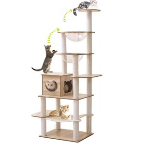 Yinanroa193CM木製キャットタワー宇宙船型固定式厚い板透明なボウル型スペースハンモック付き猫ハウス猫の爪とぎボード大型猫に適し猫チャンネル複数の猫に適しおしゃれでかわいい猫に…