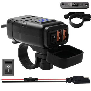 BlueFireバイクusb電源防水ソケットオートバイ専用電源2*QC3.0急速充電ポート電圧計独立電源ON/OFFスイッチ搭載過圧保護USBチャージャーQC3.0電源アダプターDC12VGPSタブレットスマホ