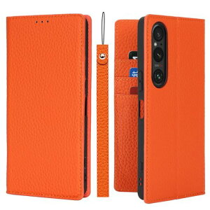 Havaya対応Xperia1VIIケースエクスペリア1VIIケース手帳型カバー本革ストラップSO-51FdocomoSOG15ソニー第七世代au耐衝撃SoftBankカード収納スタンド機能レザー-オレンジ