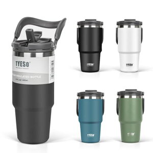 TYESOタンブラーストロー付き600mlコーヒー水筒魔法瓶保温保冷取っ手付ケトル真空断熱二重構造広口大容量直飲み漏れないホームオフィスアウトドア女の子男の子ブラック