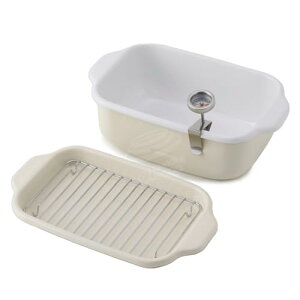 富士ホーロー 角型天ぷら鍋 ガス火 IH対応 温度計 揚げ網 バット付き 20cm バニラ TP-20K.VA