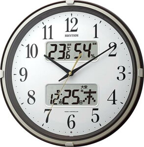 掛け時計 電波時計 温度計湿度計付き フィットウェーブリブ ブラウン リズム(RHYTHM) 4FYA07SR06