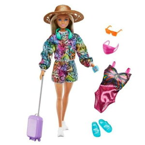Barbie Holiday Fun Doll (12 inches), Blonde Highlighted Hair, Travel Tote Hat, Swimsuit Summer Accessories, Great Gift for Kids 3 to 7 Years Old