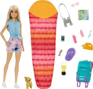 Barbie It Takes Two �gMalibu�h Camping Doll (11.5 in Blonde) with Pet Puppy, Backpack, Sleeping Bag 10 Camping Accessories, Gift for 3 to 7 Year Olds