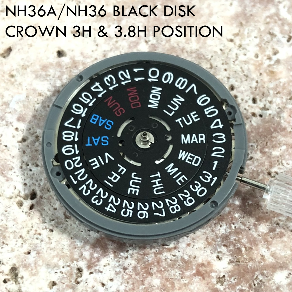 【MOD カスタムパーツ】SEIKO インスツル NH36A NH36 ブラックディスク 自動巻き ムーブメント カスタム用パーツ  リューズ/クラウンポジション 3時位置 / 3.8時位置 選択出来ます | LEVELSEVEN