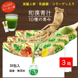 高麗人参 乳酸菌 コラーゲン 漢方 青汁 大麦若葉 長命草 青汁3カ月分 【和漢青汁10種の恵み】×3箱 食物繊維 上質 青汁 送料無料 粉末 30包 国産 無添加 女性 男性 コラーゲン グルコサミン ウコン 明日葉 霊芝 冬虫夏草 ビフィズス菌 滋養 強壮 受賞 美味 飲みやすい