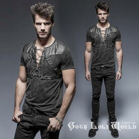 当日発送 即納 T-424-BK パンクフロントベルトレースアップ カットソー メンズ ファッション ゴシック ゴスロリ パンク スチームパンク ビジュアル系 ヴィジュアル系 V系 モード系 サブカル コスプレ ライブ ステージ 舞台 仮装 個性的 ハロウィン 衣装