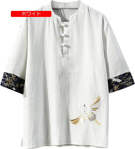 メンズ 夏服 シャツ Tシャツ リネン 半袖 綿麻 和風 刺繍 五分袖 大きい サイズ カジュアル ゆったり おしゃれ 無地 Vネ